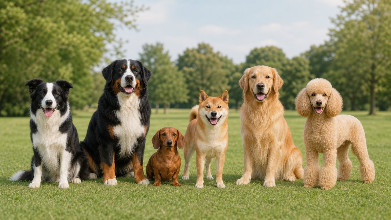 公園に並ぶボーダー・コリー、バーニーズ、ダックスフンド、柴犬、ゴールデン・レトリーバー、プードル