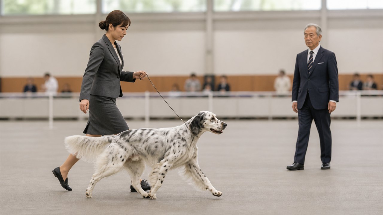ドッグショーの審査リングで歩様を披露する犬とハンドラー