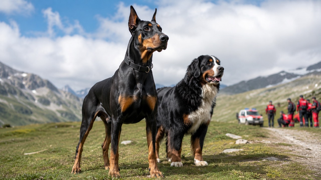 山岳地帯で立つ使役犬のイメージ