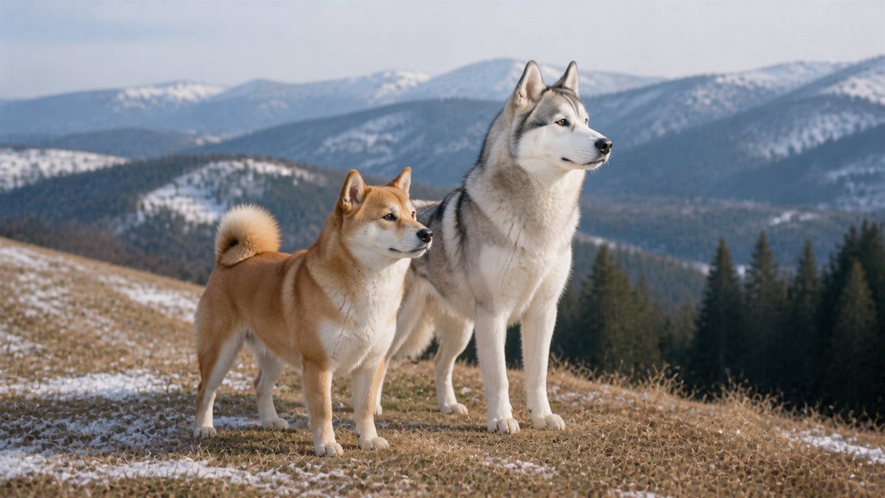 雪の残る山地に立つ柴犬とシベリアン・ハスキー