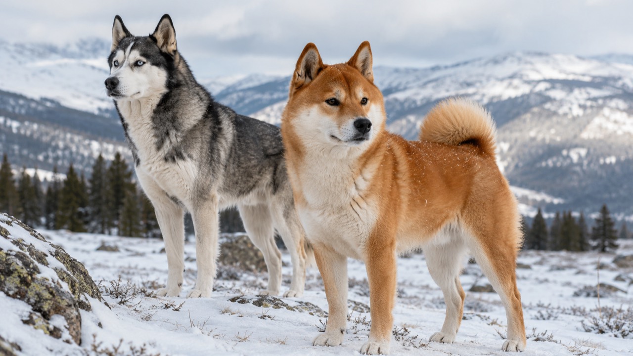 雪山に立つ柴犬とシベリアン・ハスキーのイメージ